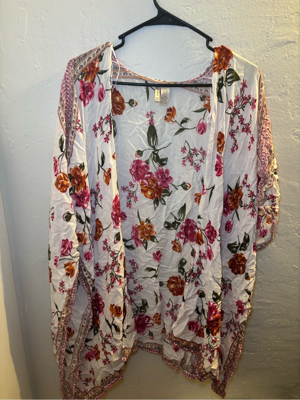 Floral Open Front Kimono - White with Pink & Orange Blooms